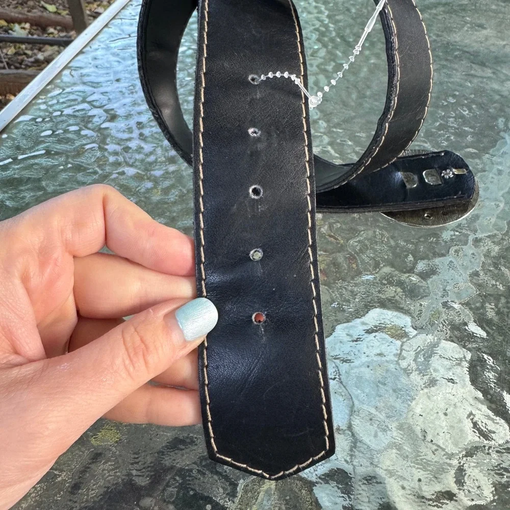 Genuine Black Leather Wide Belt Oversized Silver Medallion Buckle Western Boho